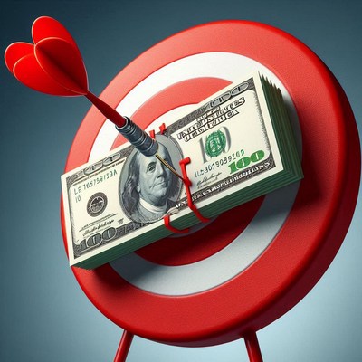 Red dart hits bullseye with dollar bills inside