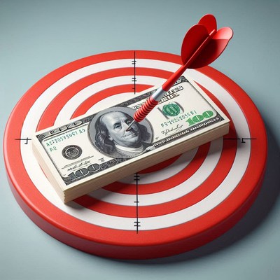 A dart hits the bullseye on a stack of money