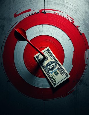 A dart strikes a hundred-dollar bill target