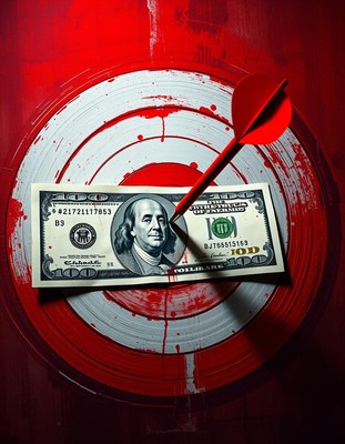 A hundred dollar bill is stuck in the center of a dartboard