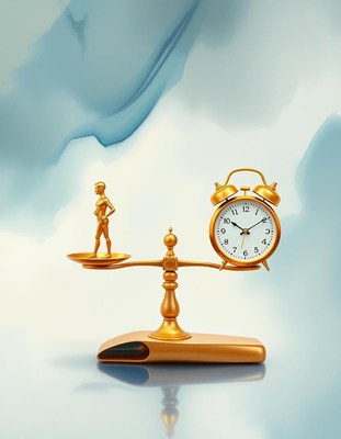 A gold figure balances on a scale with a clock