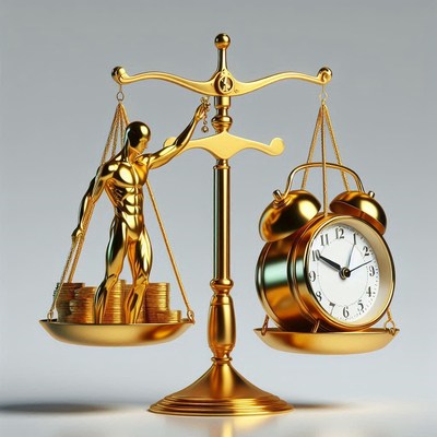 A golden scale balances a figure with coins against a clock