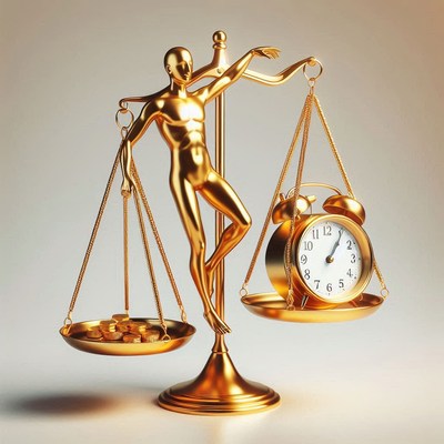 A golden scale balances time and money