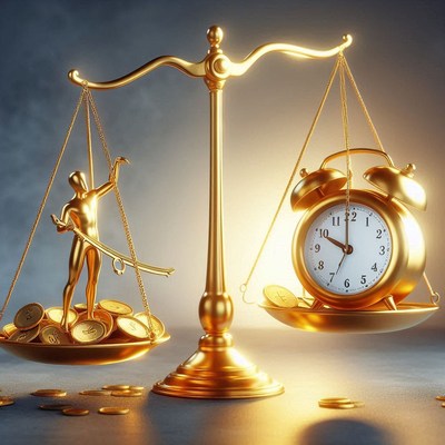 A golden scale balances money and time