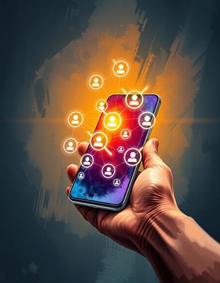 A hand holds a smartphone with a social network of people