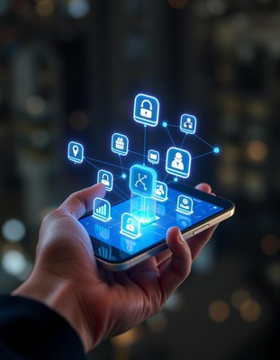 A hand holds a phone with glowing app icons