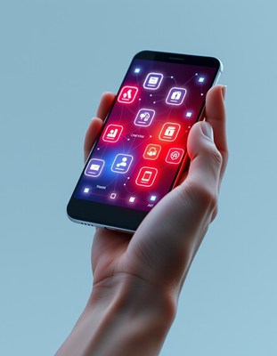 A hand holds a smartphone with glowing icons