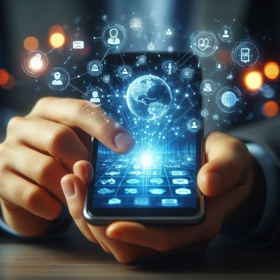 Person using smartphone, globe icon for connection