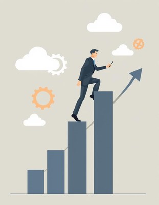 A businessman walks up a bar chart, reaching for the top