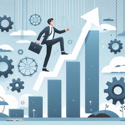 A businessman walks up a bar chart