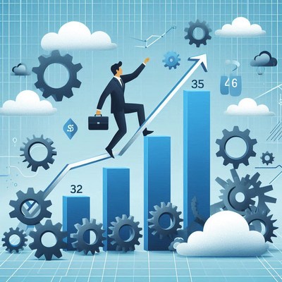 A businessman climbs a bar chart with gears surrounding him