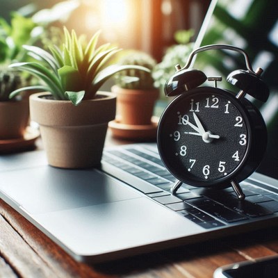 An alarm clock sits on a laptop keyboard