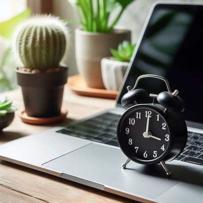 A black alarm clock sits on a laptop keyboard
