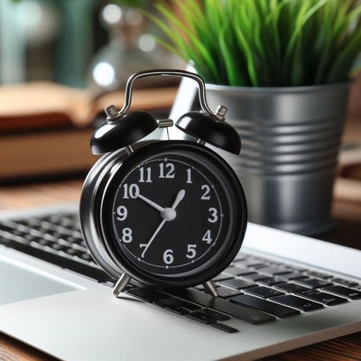 An alarm clock sits on a laptop keyboard