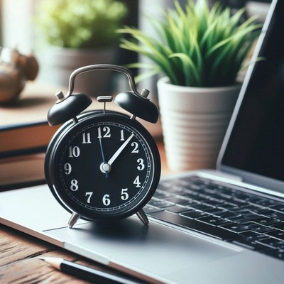 A black alarm clock sits on a laptop keyboard
