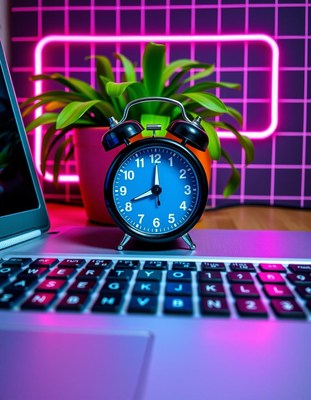 Black alarm clock on a laptop keyboard, set to 11