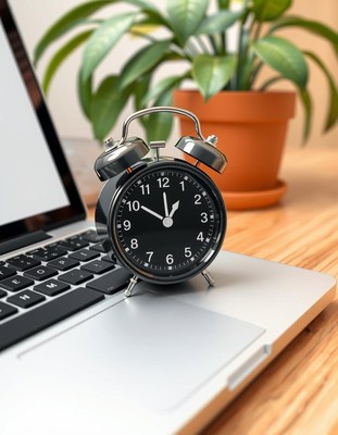 Black alarm clock on closed laptop, pointing to 4