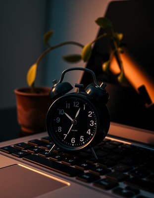 An alarm clock sits on a laptop keyboard