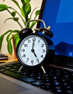 A black alarm clock sits on a laptop keyboard