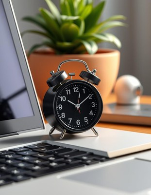 A black alarm clock sits on a laptop keyboard