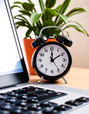 Black alarm clock next to laptop set to 5