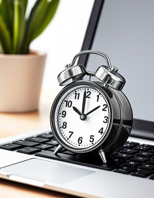 Black alarm clock on laptop keyboard at 9 o'clock