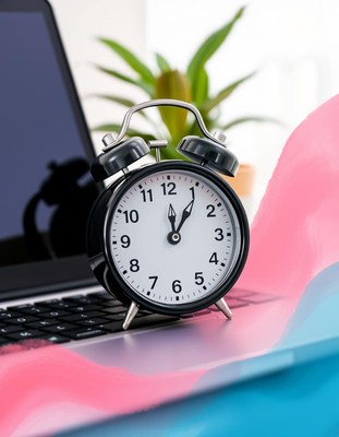 An alarm clock sits on a laptop keyboard