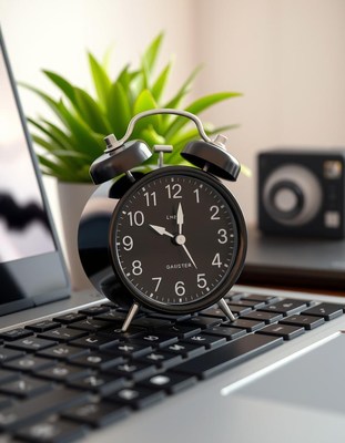 Black alarm clock on a laptop keyboard, set to 10