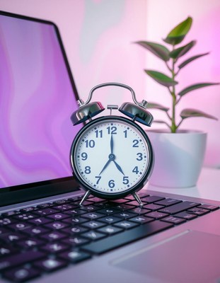 An alarm clock sits on a laptop at 7 o'clock