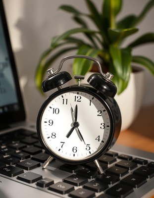 Black alarm clock on laptop keyboard, set to 10