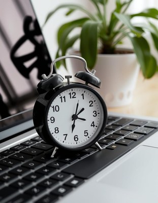 An alarm clock sits on a laptop keyboard
