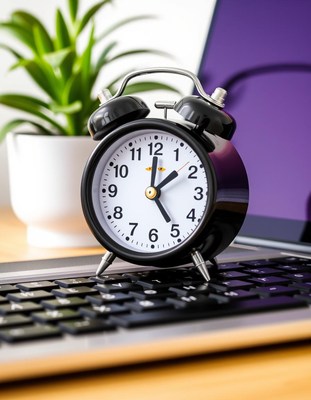 A black alarm clock rests on a laptop keyboard