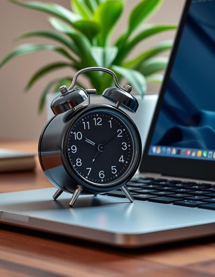 A black alarm clock sits on a laptop keyboard