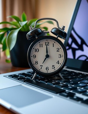 An alarm clock sits on a laptop keyboard