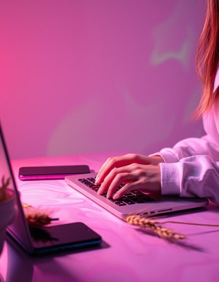 A woman types on a laptop in a pink room