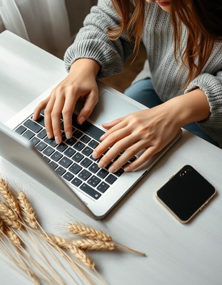 A woman types on a laptop at a desk