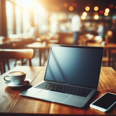 A laptop and coffee sit on a table in a cafe