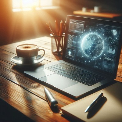 Laptop with globe on desk and a coffee cup