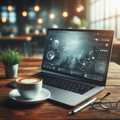 Laptop with data viz and coffee on a wooden table