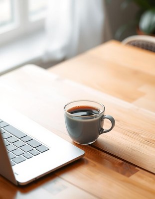 A cup of coffee sits on a desk next to a laptop