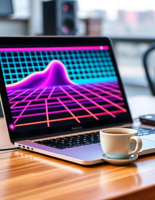 Retro laptop on wooden desk with coffee cup