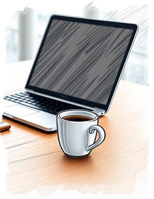 A cup of coffee sits beside a laptop on a desk