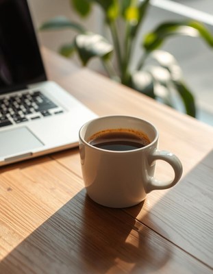 Coffee on a table, laptop in the background
