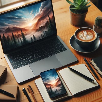 A laptop shows a sunset over a mountain range