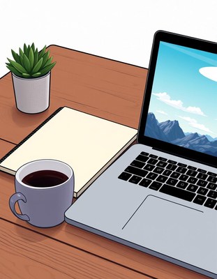 A laptop, notebook, and coffee on a wooden desk