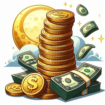A tall stack of gold coins sits under a full moon