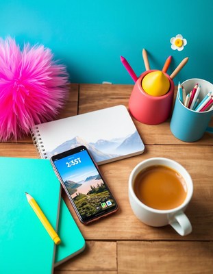 Phone with mountain wallpaper on a wooden desk