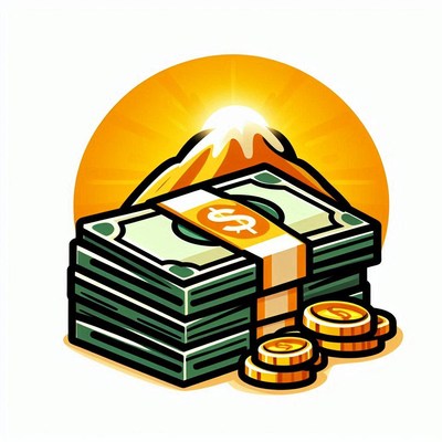 A stack of money sits below a mountain at sunrise