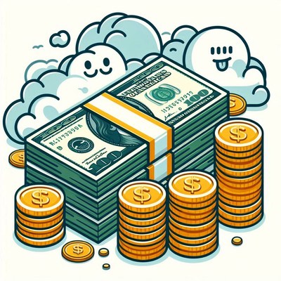 A stack of money with clouds above