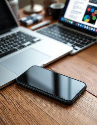 A black phone rests on a wooden desk